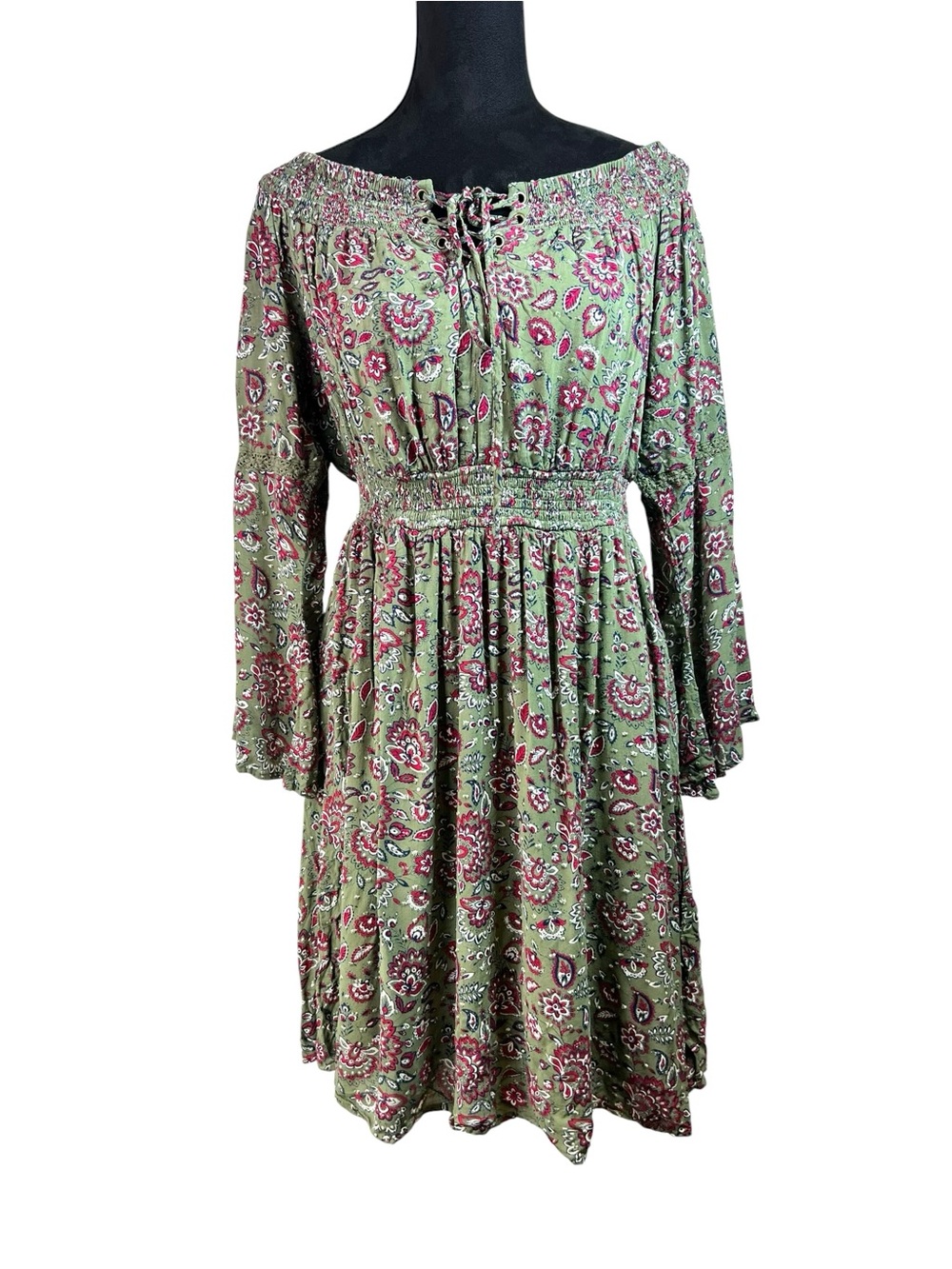Torrid Midi Lined Off Shoulder Peasant Dress Green Multicolor Floral Size 0 Boho